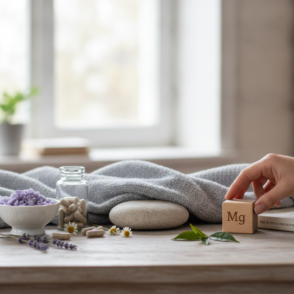 A hand placing a wooden Mg block beside magnesium capsules, lavender, smooth stones and a soft blanket, picturing magnesium benefits for sleep