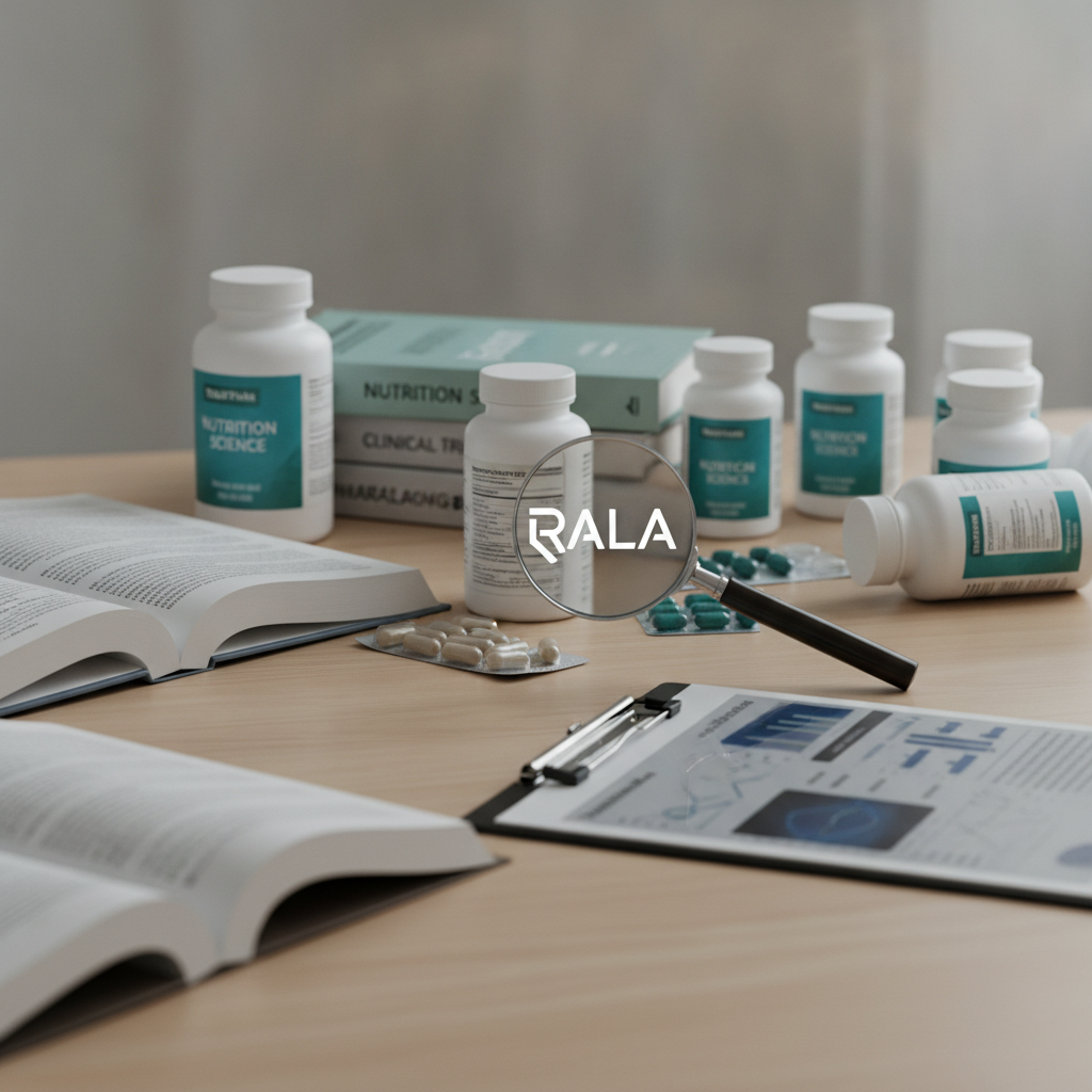Supplement bottles, a nutrition reference book, open research books and a clipboard of charts on a desk, showing how to choose supplements