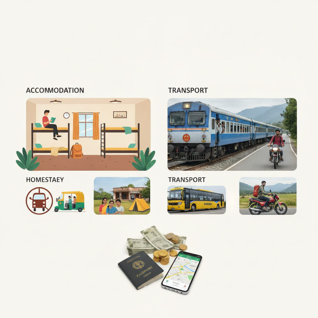 How can I save money on accommodation and transport during my budget trip across India?