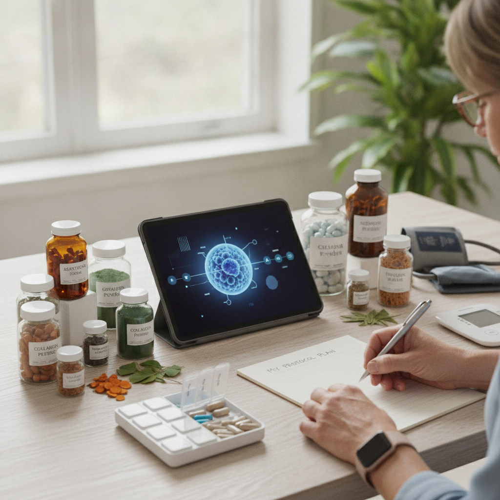 A person writing in a notebook beside supplement bottles, a weekly pill organizer and a tablet, building a personalized supplement plan
