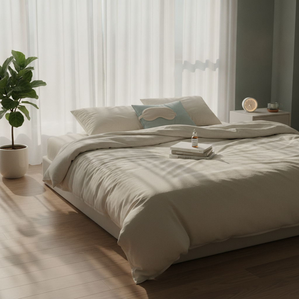 A calm bedroom with a neatly made bed, a sleep mask on the pillow and a plant by the window, for a guide to the best supplements for sleep