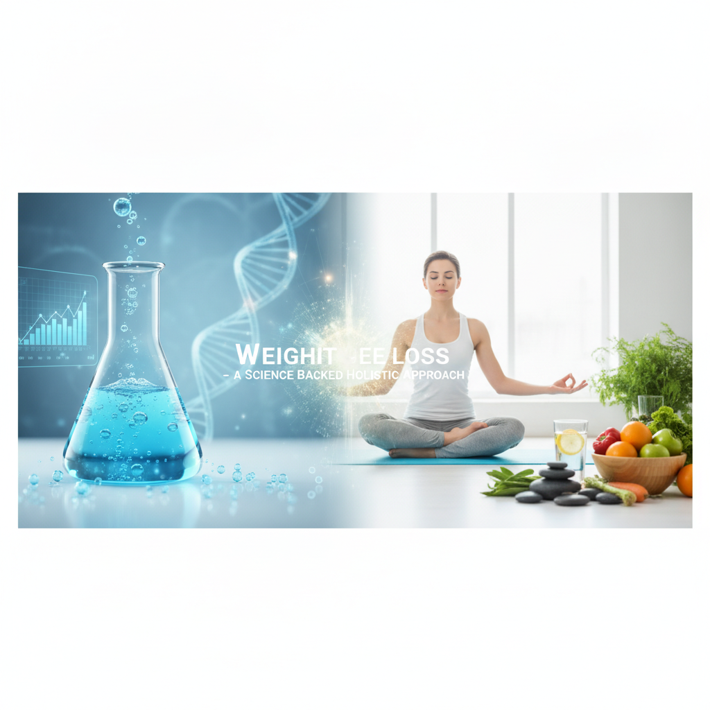 A woman meditating on a mat next to a flask of blue liquid and a bowl of fruit under the words Weight Loss, for a guide to natural ways to lose weight