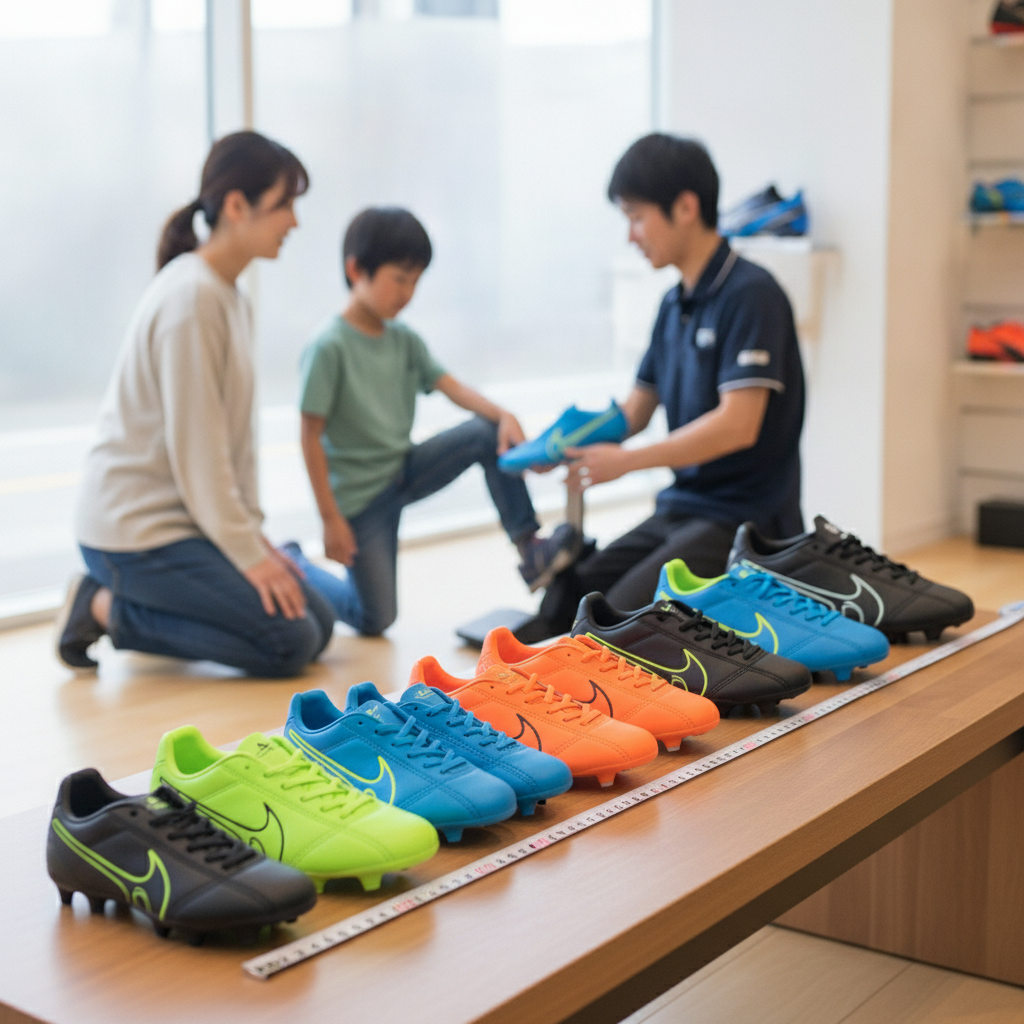 ジュニア用サッカースパイクを選ぶ際、足の成長を考慮してどのくらいのサイズ感で選ぶのが適切ですか？