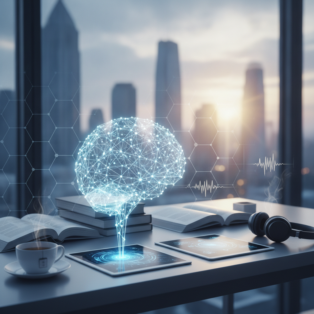 A glowing holographic brain over a desk with open books, a cup of coffee and headphones, for a guide to supplements for focus and mental clarity