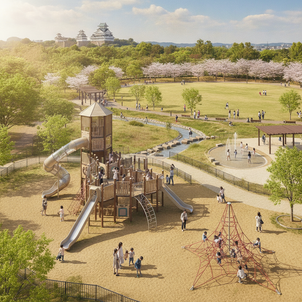 姫路市内で、大型遊具があり子連れでも一日中楽しめる広々とした公園はどこですか?