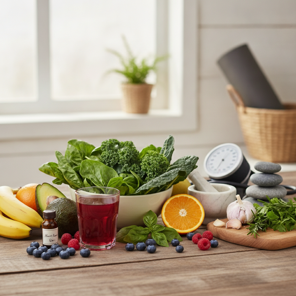 Leafy greens, bananas, an orange, berries, garlic, a glass of beet juice and a blood pressure gauge on a table, foods that help lower blood pressure naturally