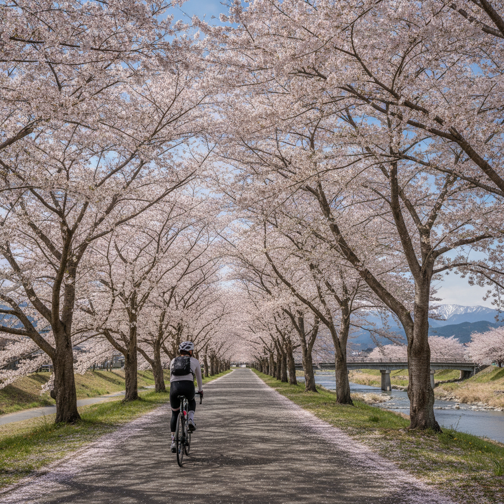 春に桜並木が特にきれいな、日本国内のおすすめサイクリングルートを教えてください。