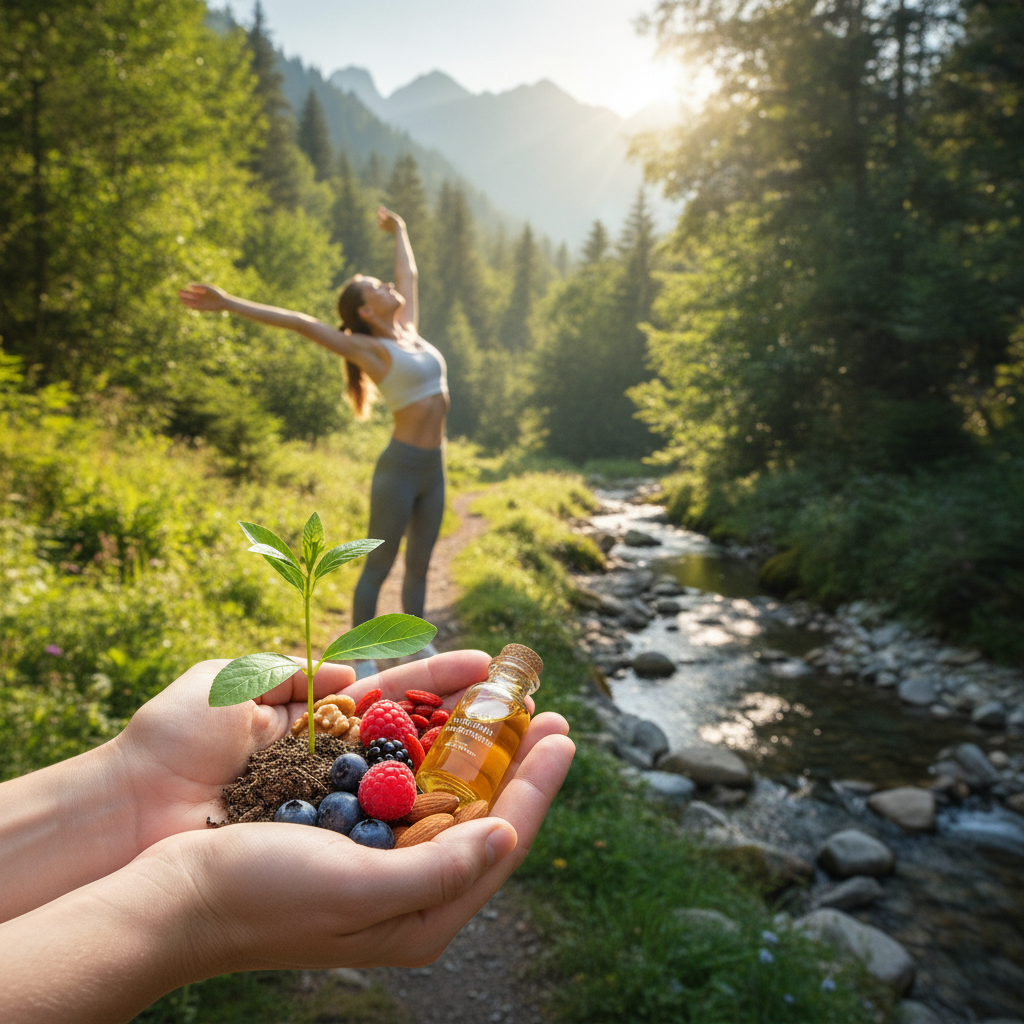 Hands holding berries, a seedling and capsules beside a mountain stream while a woman stretches on the path, for a guide to the best vitamins for fatigue