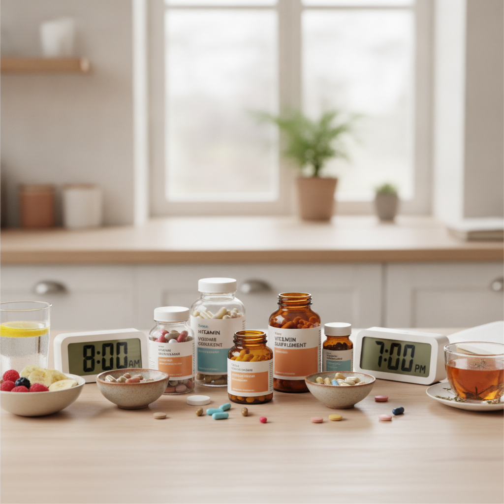 Supplement bottles between two digital clocks with fruit, a cup of tea and capsules on a kitchen counter, marking the best time to take supplements