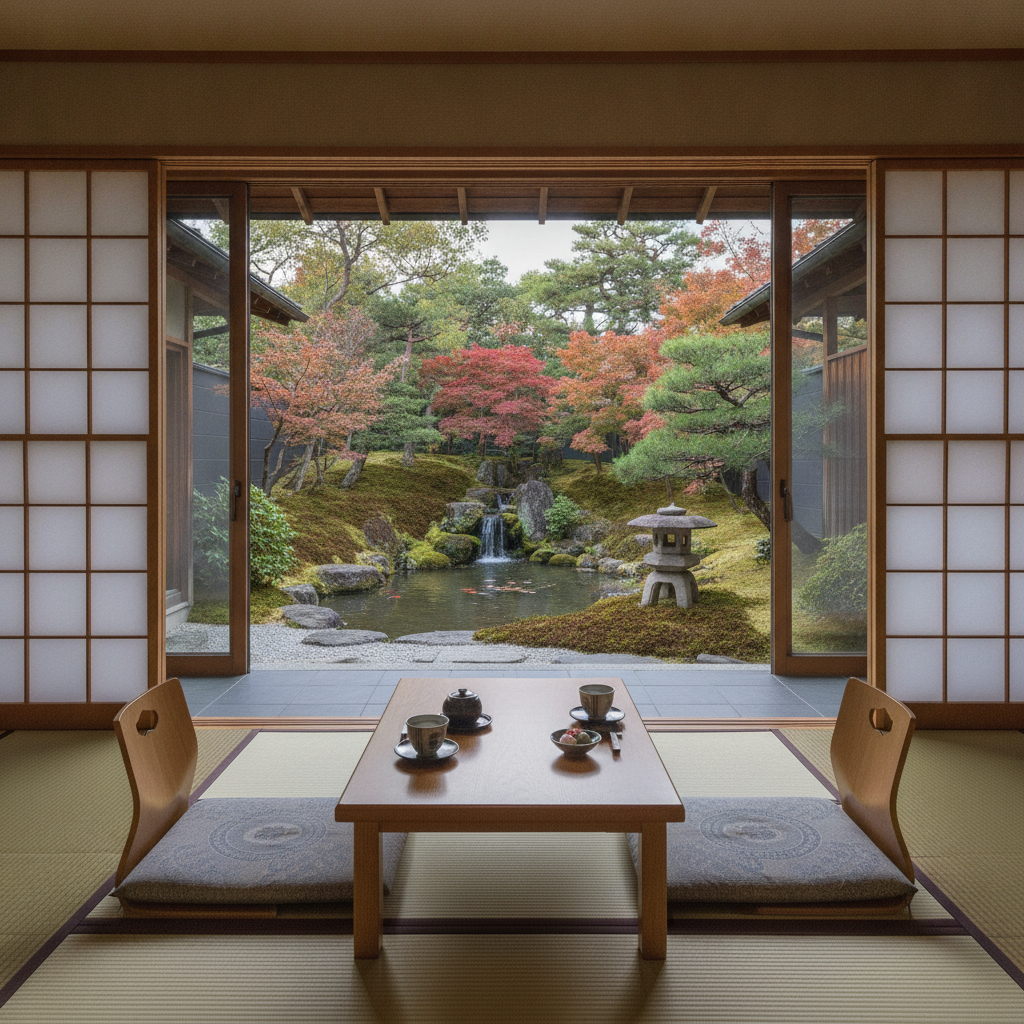 甲府市内で、客室から美しい日本庭園を眺められる、静かで落ち着いた雰囲気の旅館はどこですか?