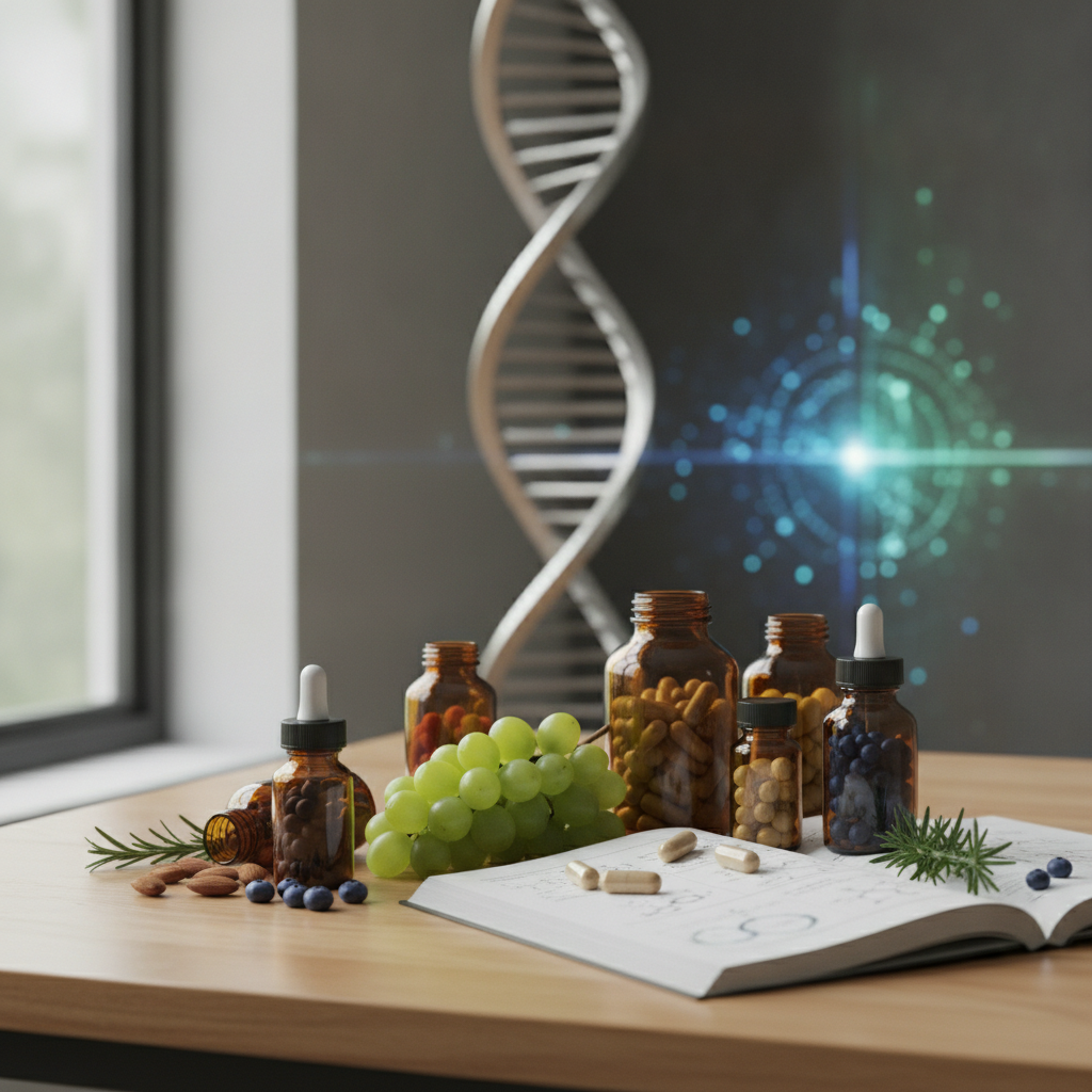 Amber supplement and dropper bottles, grapes and herbs on an open book in front of a glowing DNA helix, for a guide to science backed supplements