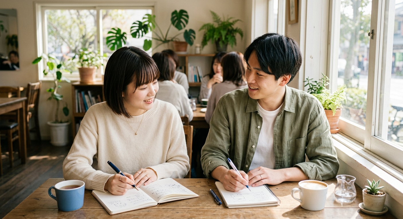 カフェの窓際で若い男女がノートに書き込み、日差しが差し込むリラックスした雰囲気。