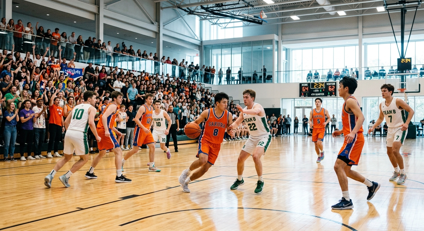 近代的な体育館でバスケットボール選手たちが躍動感あふれるプレイをし、観客が試合を見守る。