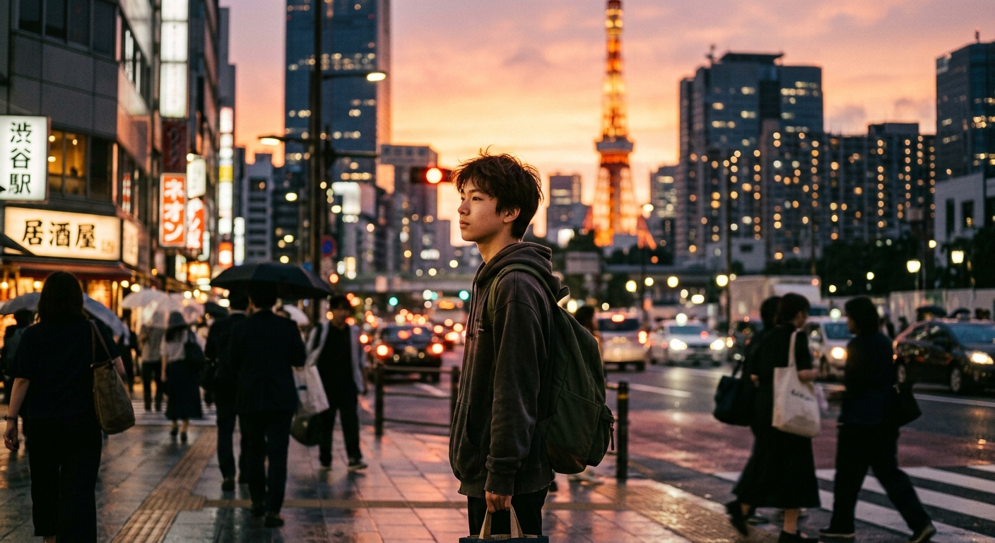 夕暮れの都市で少年が立ち、夕日が彼の横顔を照らす。背景に高層ビルのシルエット。