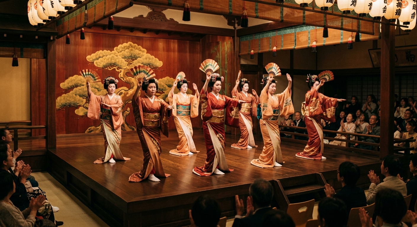 伝統的な日本の舞台で華やかな衣装のダンサーが優雅に踊る。背景に柔らかなスポットライト。