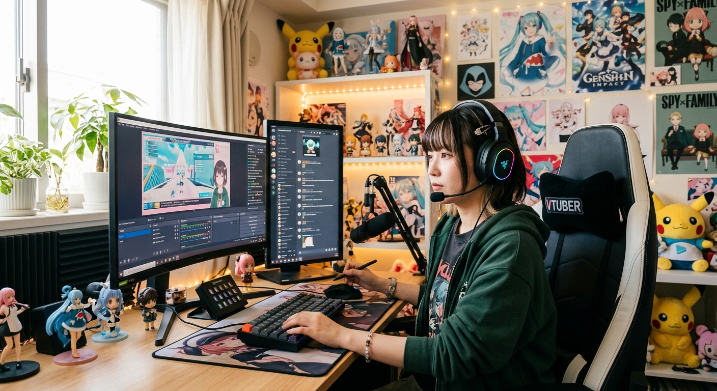 VTuberスタジオでヘッドセットをつけた女性がコンピューター画面を真剣に見つめる。