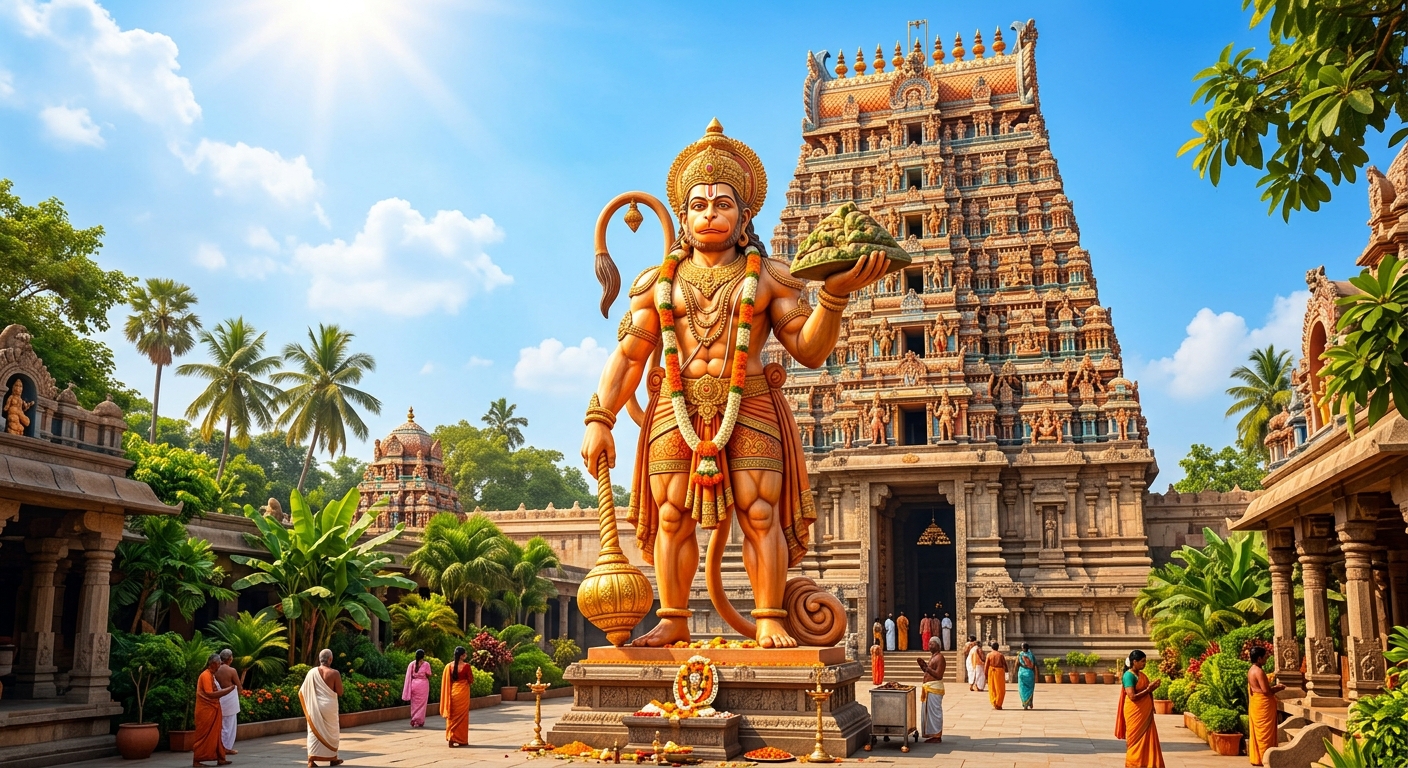 青空の下、インドの寺院前に立つハヌマーン像が太陽光を浴び、周囲の緑と彫刻が鮮明に描かれる。