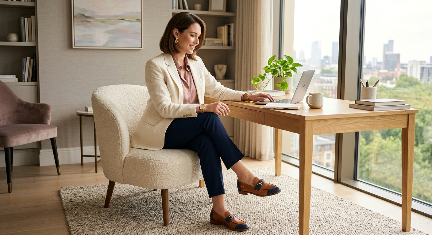 A professional woman in an office, elegantly dressed, highlights stylish custom shoes in a sunlit room with warm earth tones.