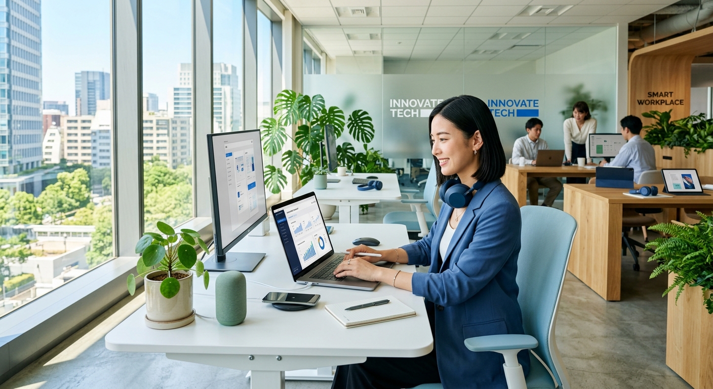 明るいオフィスで若いプロがノートPCを使用、最新ガジェットが並ぶ未来的な空間。