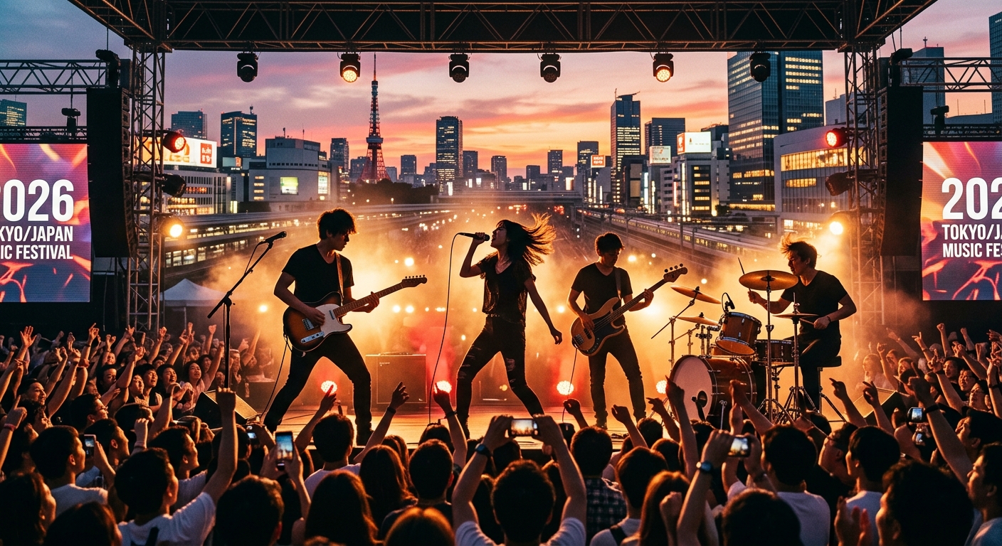 夕暮れの都市を背景にバンドがステージで熱演、ドラマチックな照明がメンバーを照らす。