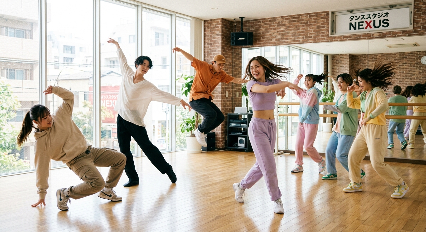 日本のダンススタジオで若者たちが多様なダンススタイルを披露する活気あるシーン。