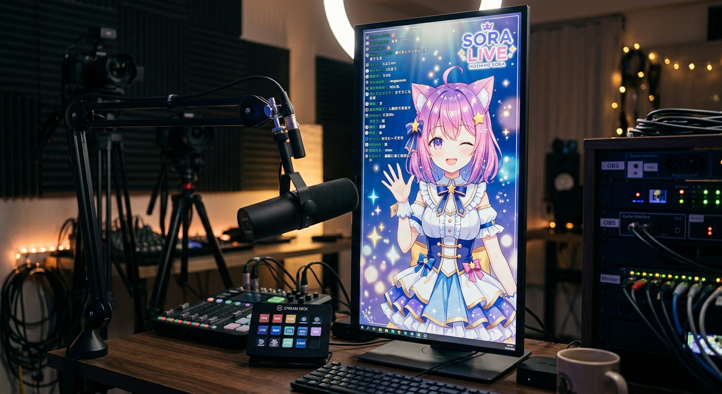 スタジオで微笑むVTuber風の美少女キャラクター、幻想的な背景と機材が見える。