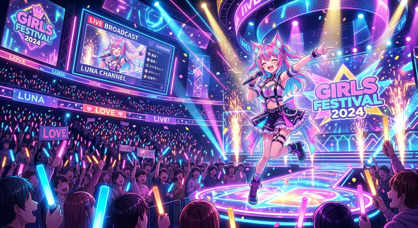 VTuberキャラクターが華やかなデジタルイベントで生放送中、未来的なエフェクトとネオン照明が輝く。