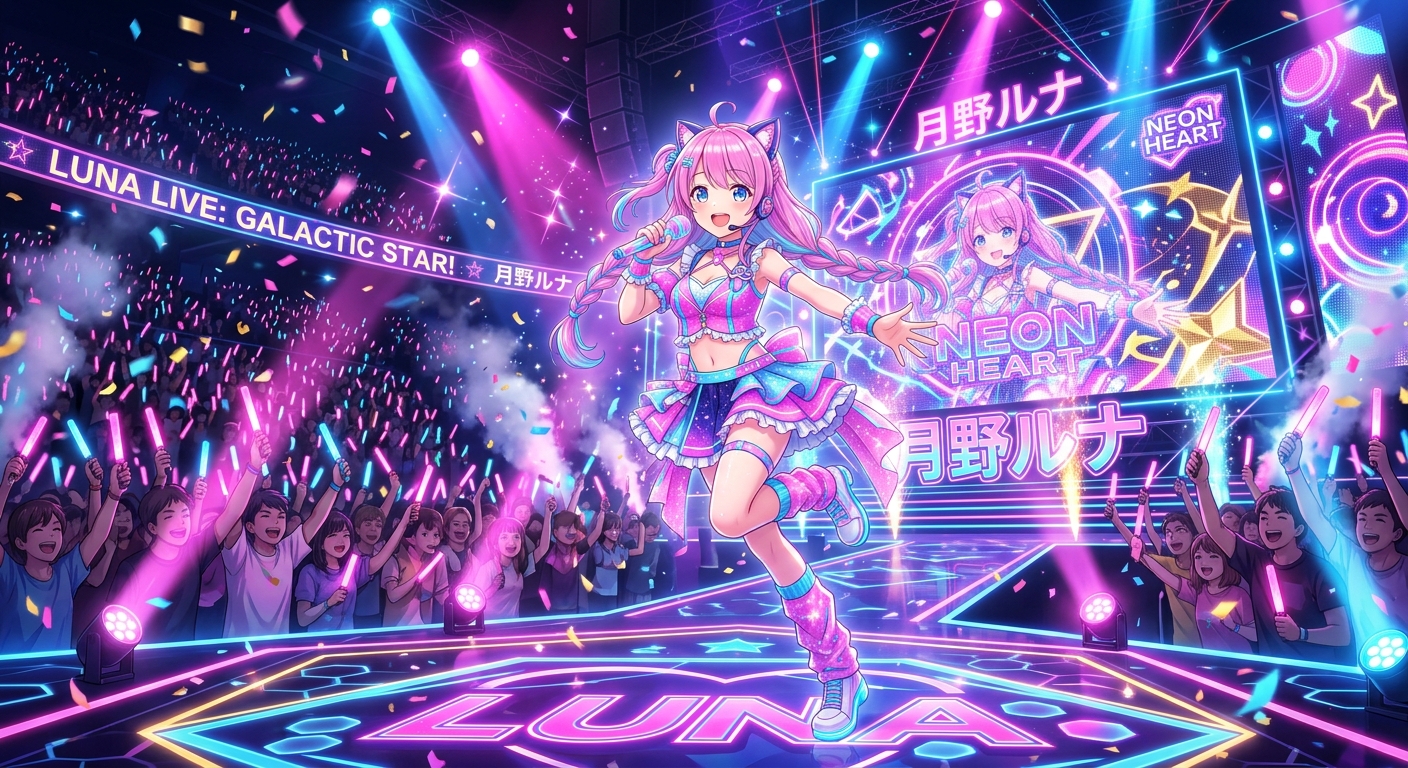 VTuberキャラクターがネオンピンクとブルーのライトで照らされたステージで輝く瞬間。観客の興奮が伝わる。