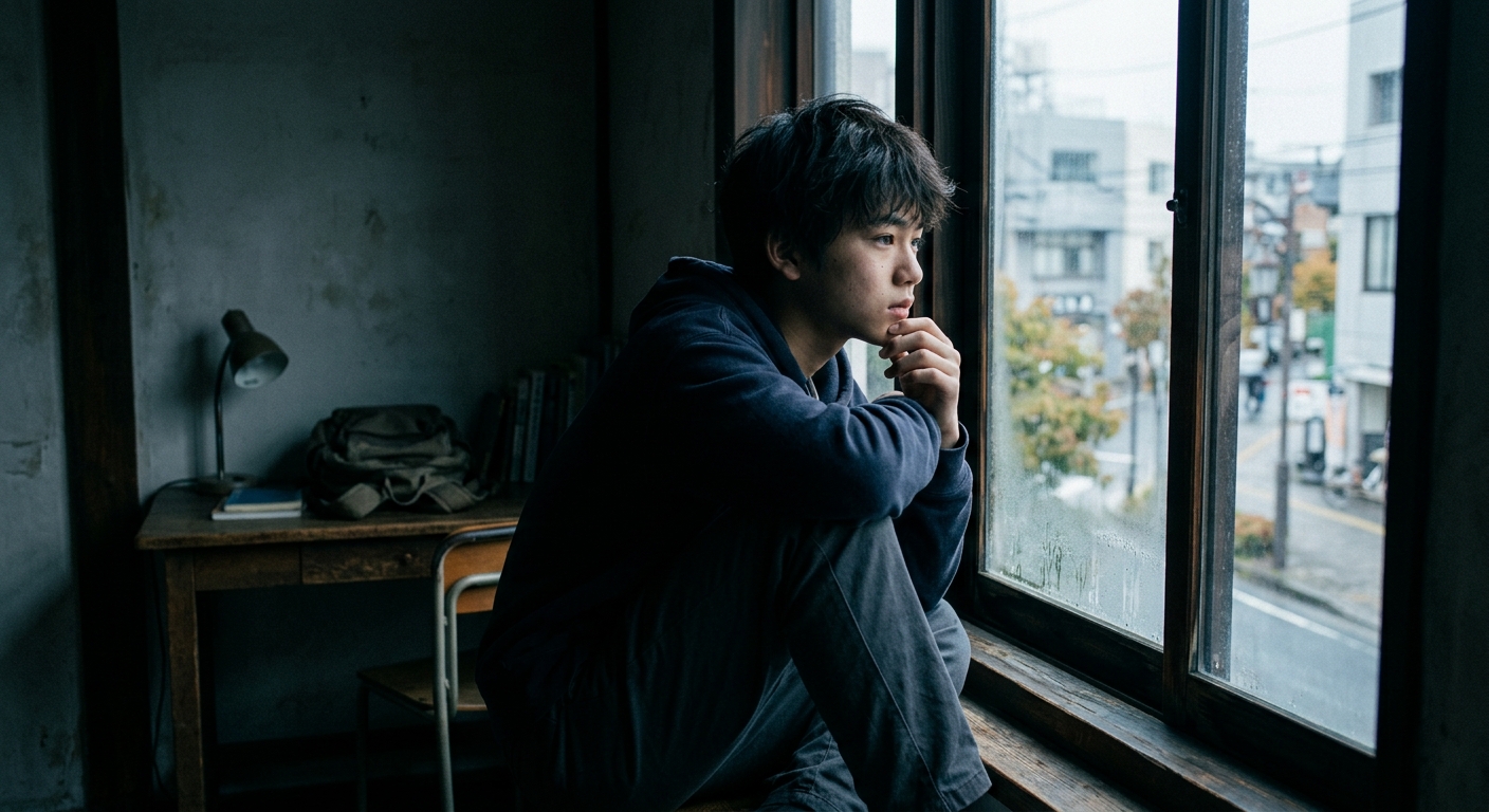 暗い部屋で窓辺に座る少年が外を見つめ、柔らかな光が差し込む中、複雑な表情を浮かべている。