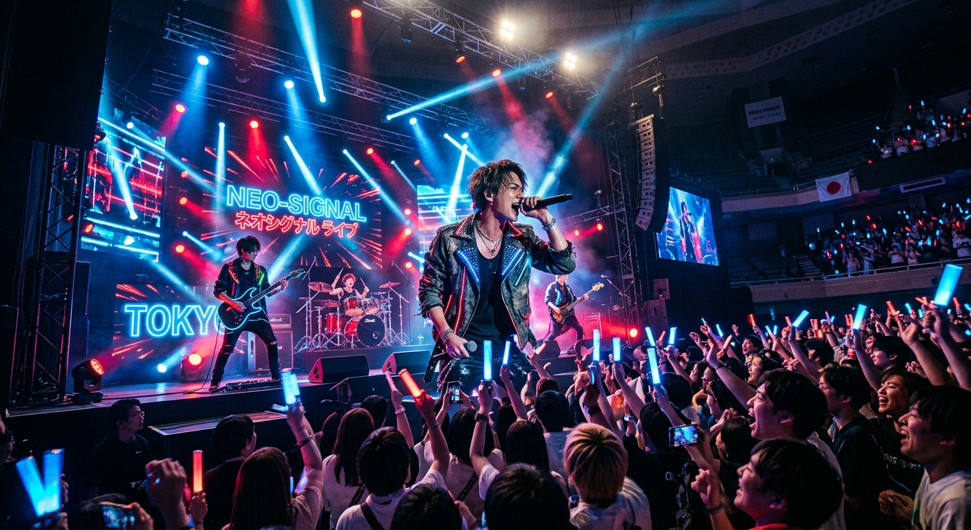2026年の日本の音楽シーンを象徴するライブステージ、ネオンブルーとディープレッドの光がバンドを照らす。