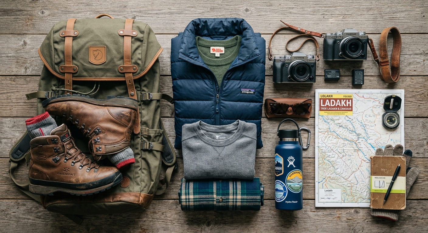 Flat lay of travel essentials for Ladakh: backpack, hiking boots, warm clothes, camera, sunglasses, water bottle, and map in earthy tones.