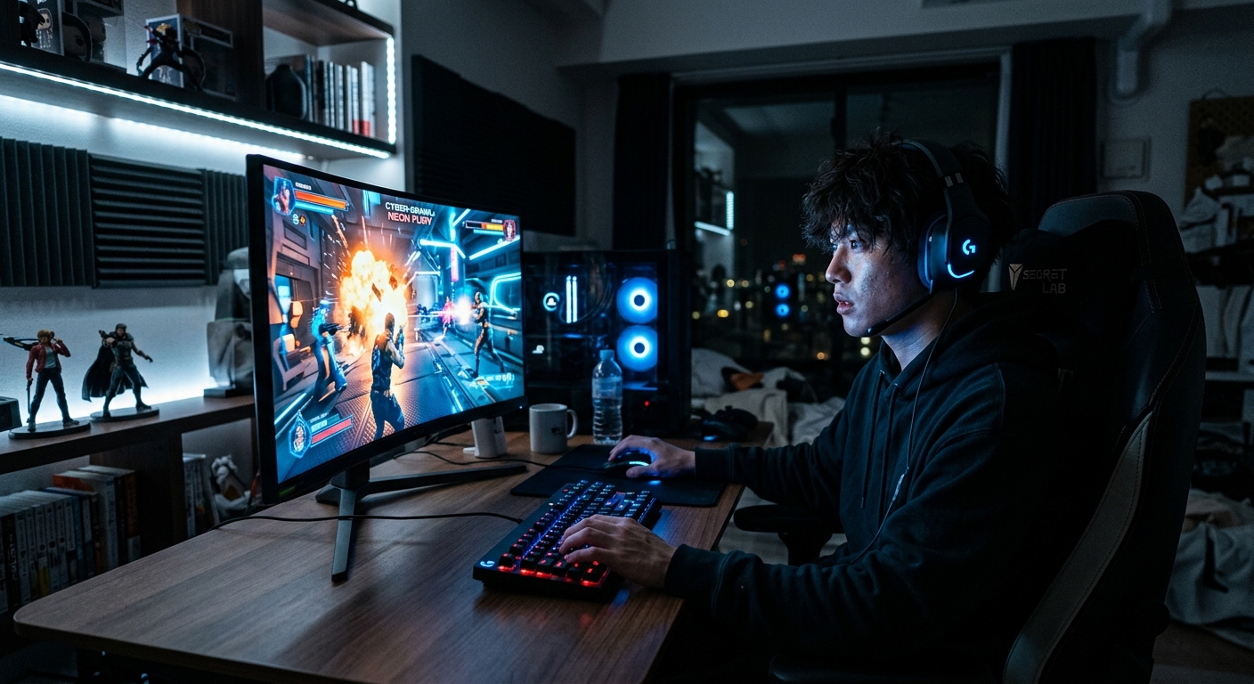 暗い部屋で若者がPC画面のアクションゲームに集中し、青白い光が顔を照らす。