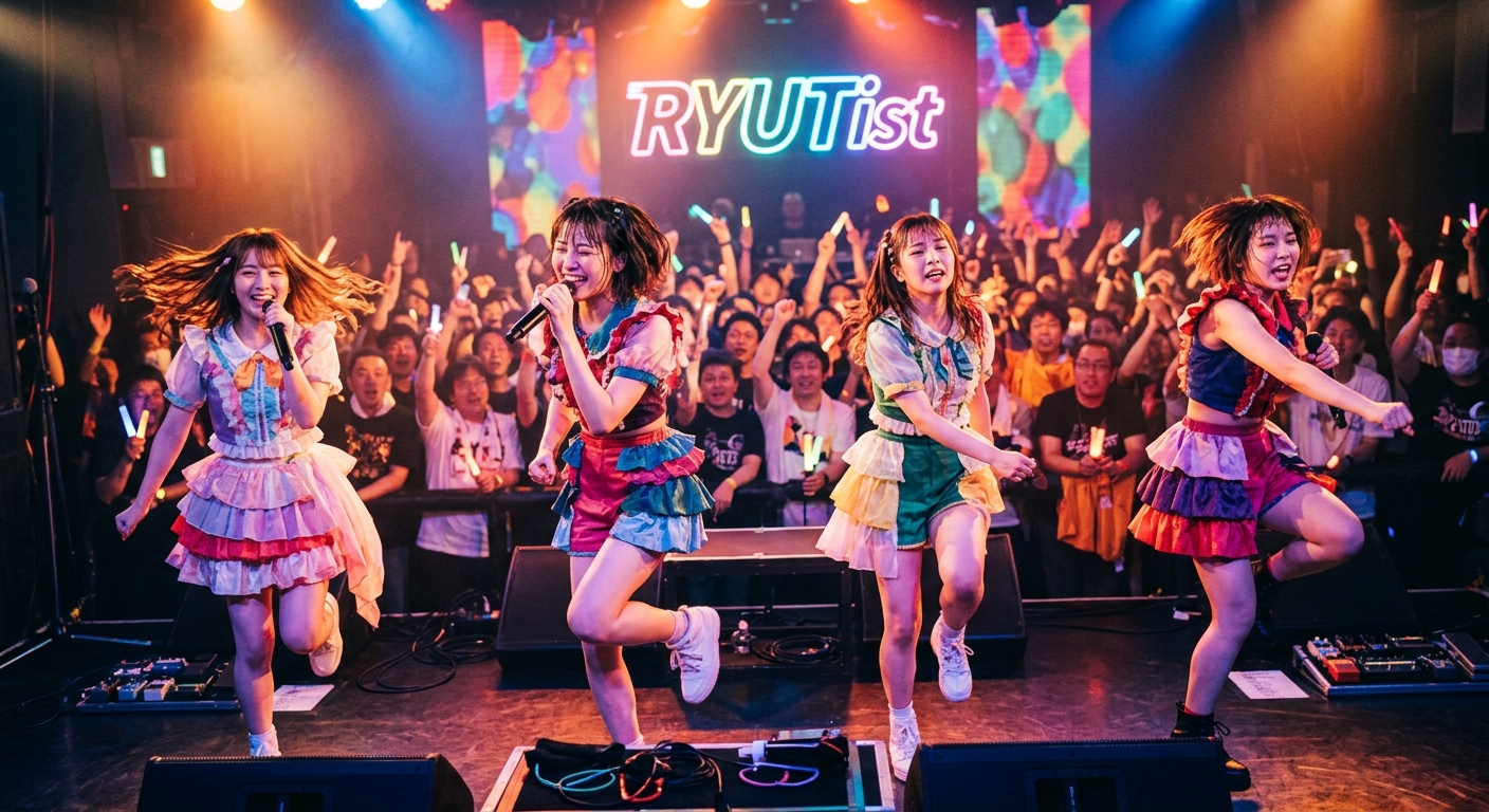 RYUTistのメンバーがカラフルな照明の舞台で情熱的にパフォーマンスするライブステージ。