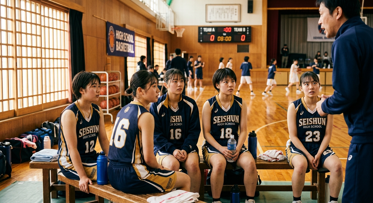 高校の体育館で、控え選手たちがベンチでコーチの指示を聞くシーン。自然光が差し込む。