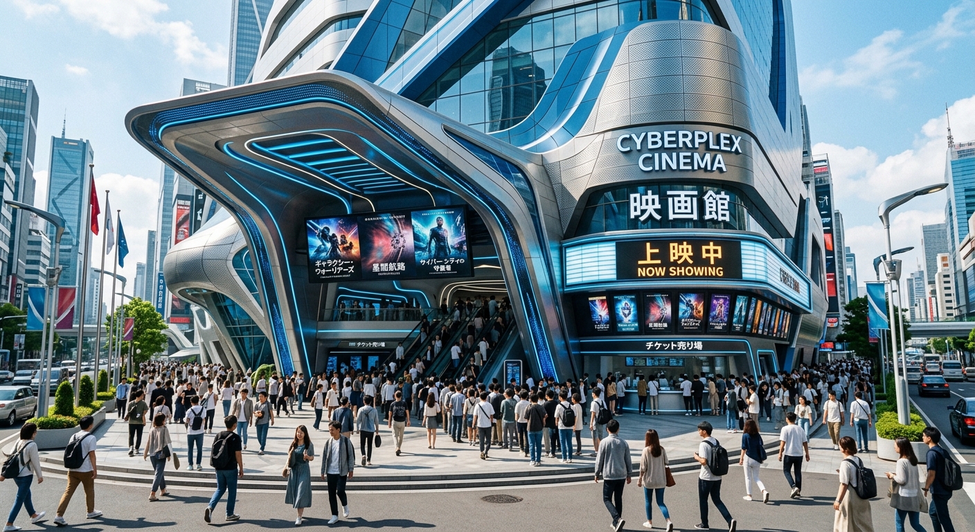 未来的なデザインの都会の映画館、群衆が集まり賑わうシーン、ブルーとシルバーのモダンな建物。