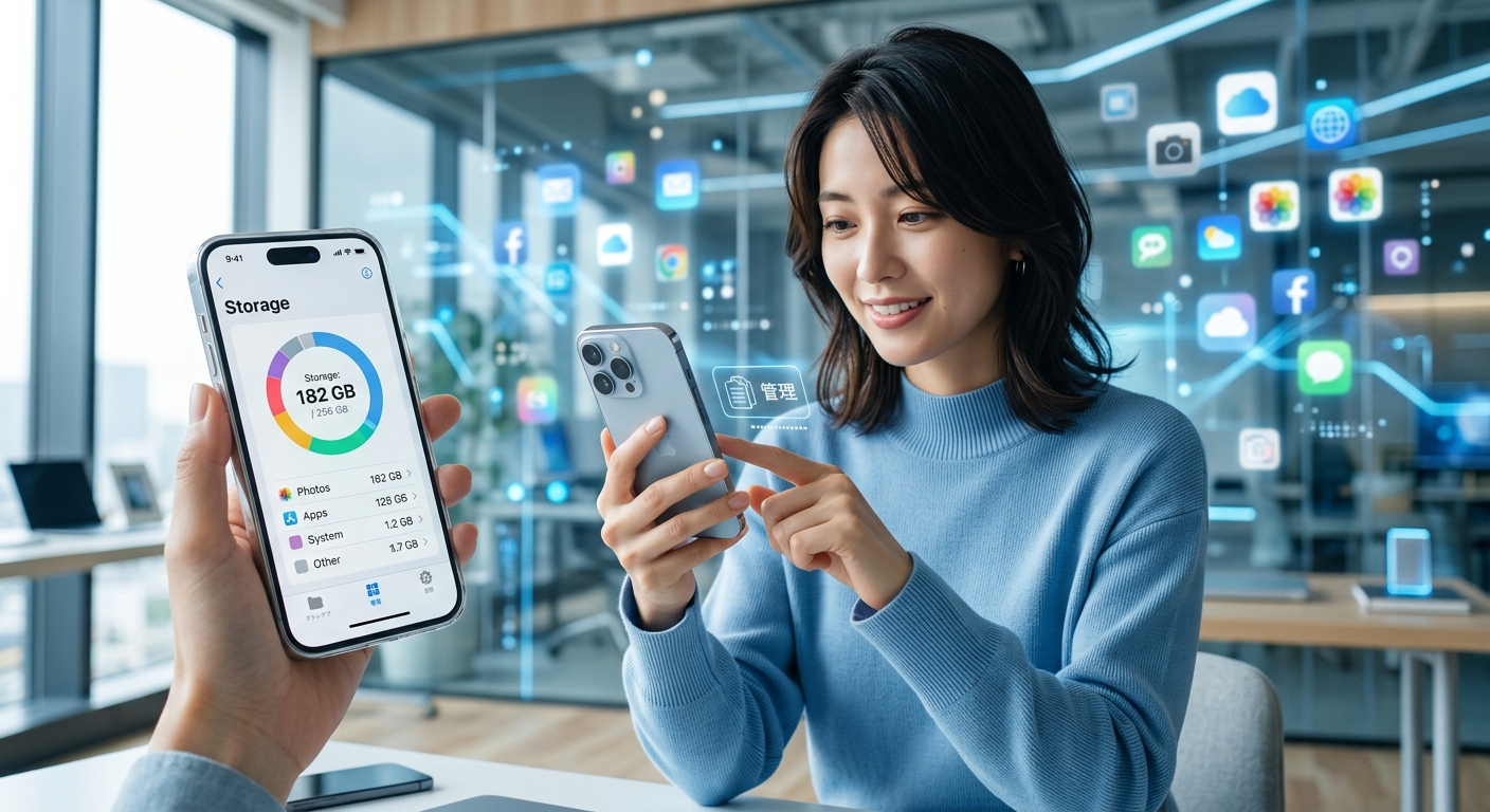 iPhoneを手に持ち容量管理アプリを操作する人物、近未来的なデジタルデバイスの雰囲気。