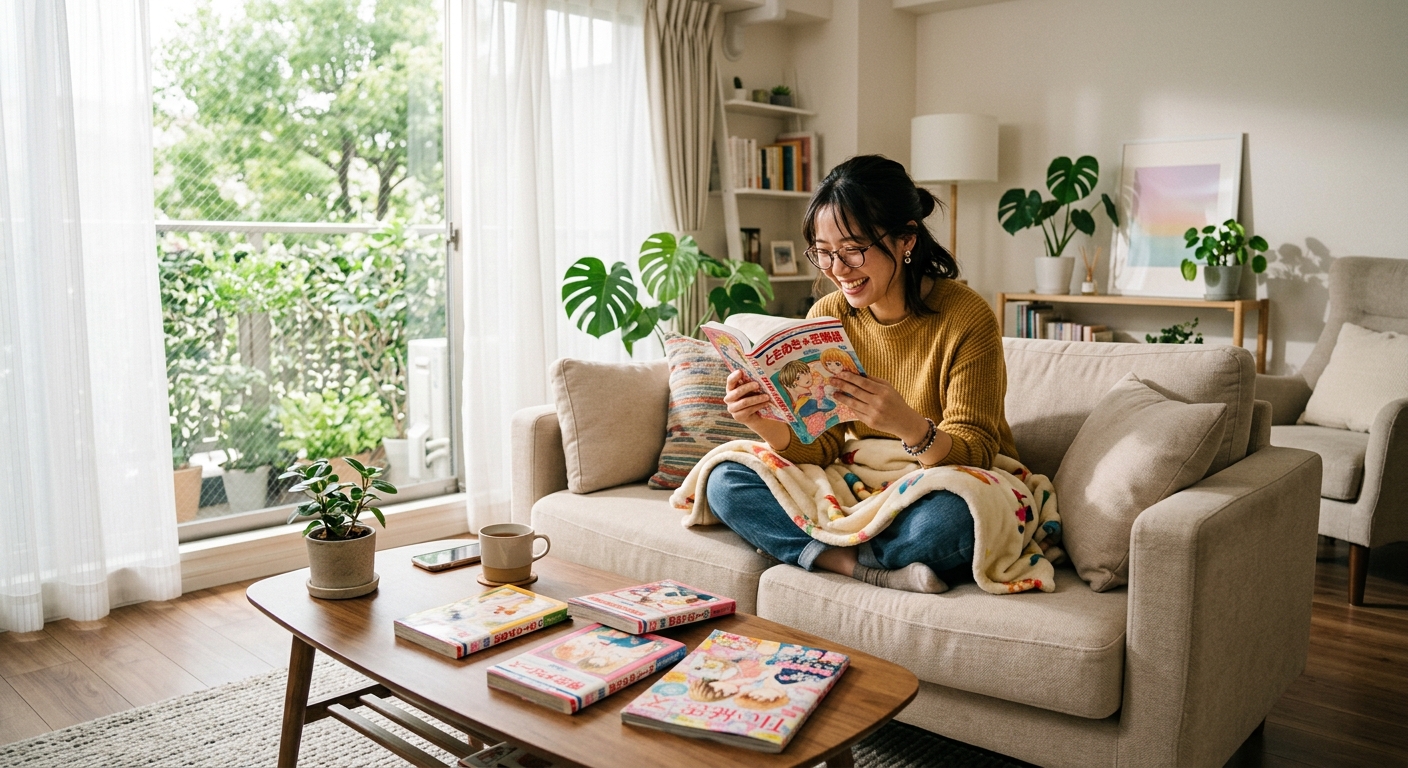 明るいリビングで女性がソファに座り、カラフルなTL漫画を読む。周囲に漫画本が散らばる。