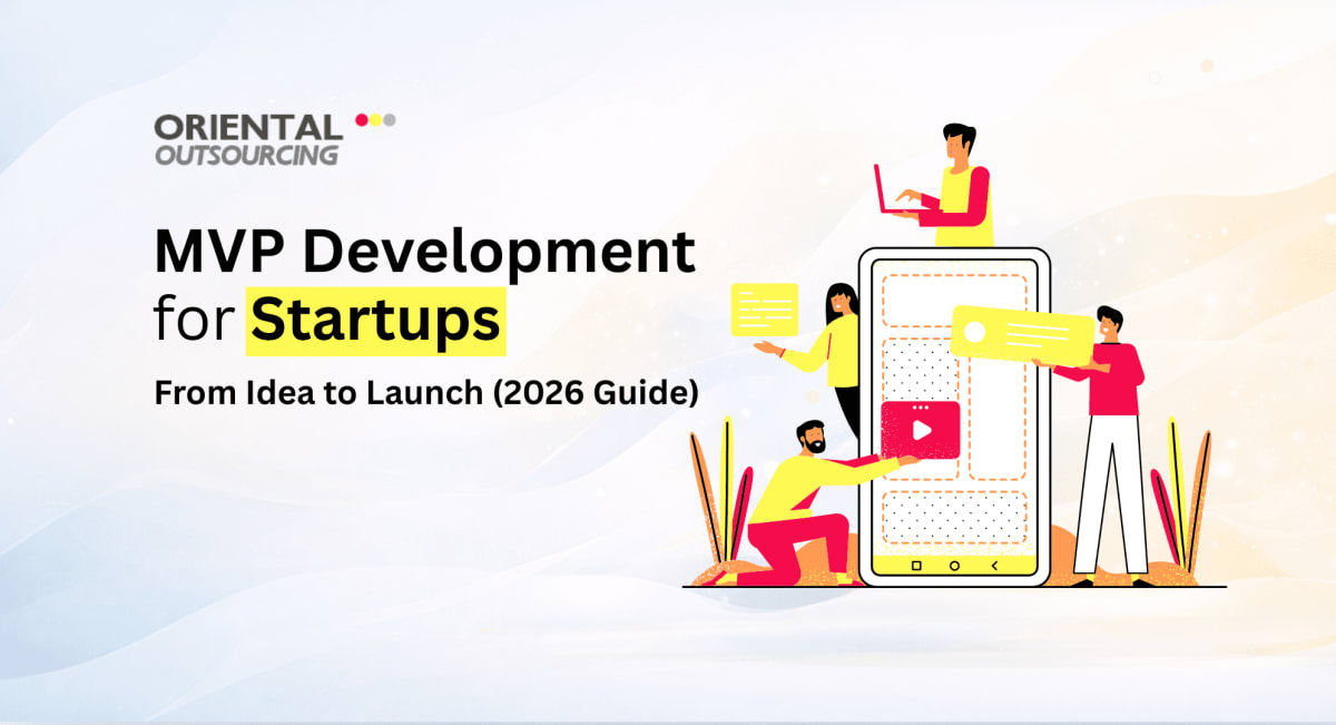 A startup team works on their MVP development process around a central, glowing idea lightbulb in an isometric scene.