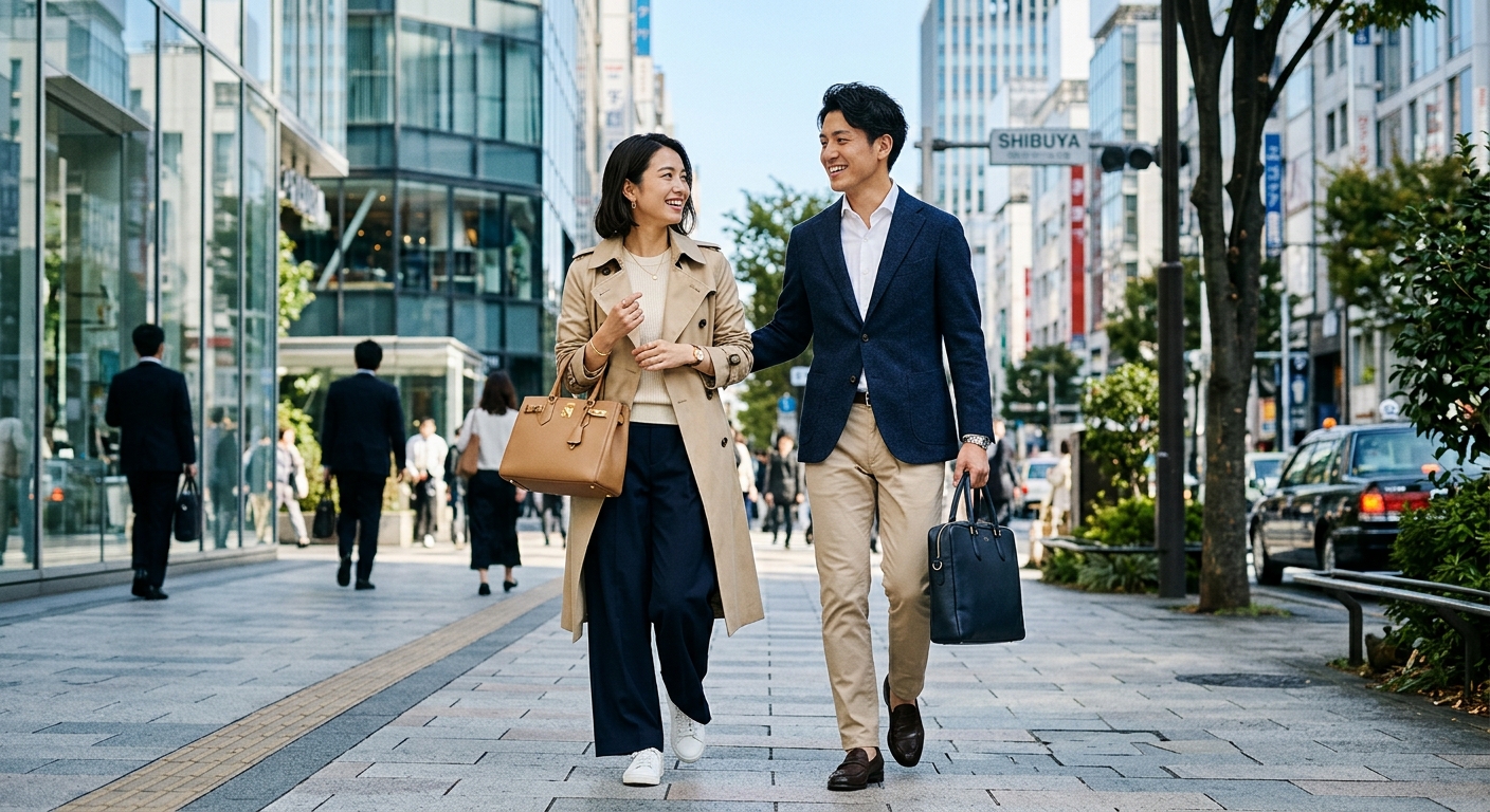 都会の街並みを背景に、スタイリッシュな20代後半の男女がニュートラルカラーの衣装で歩くシーン。