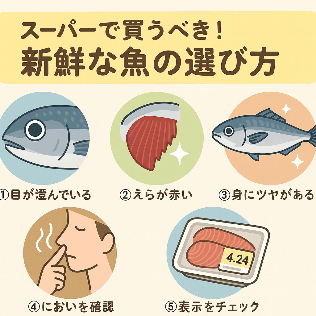 新鮮な魚の見分け方を解説する比較画像。左の鮮魚は目が透明で盛り上がり、皮に光沢がある。右の魚は目が赤く濁り、皮のツヤが失われている。