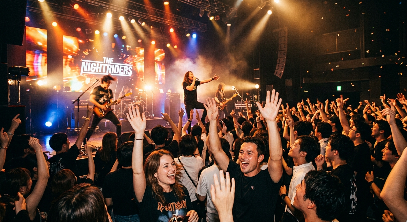 ライブ会場でバンドが演奏し、観客が手を挙げて熱狂するシーン。色とりどりのライトが輝く。