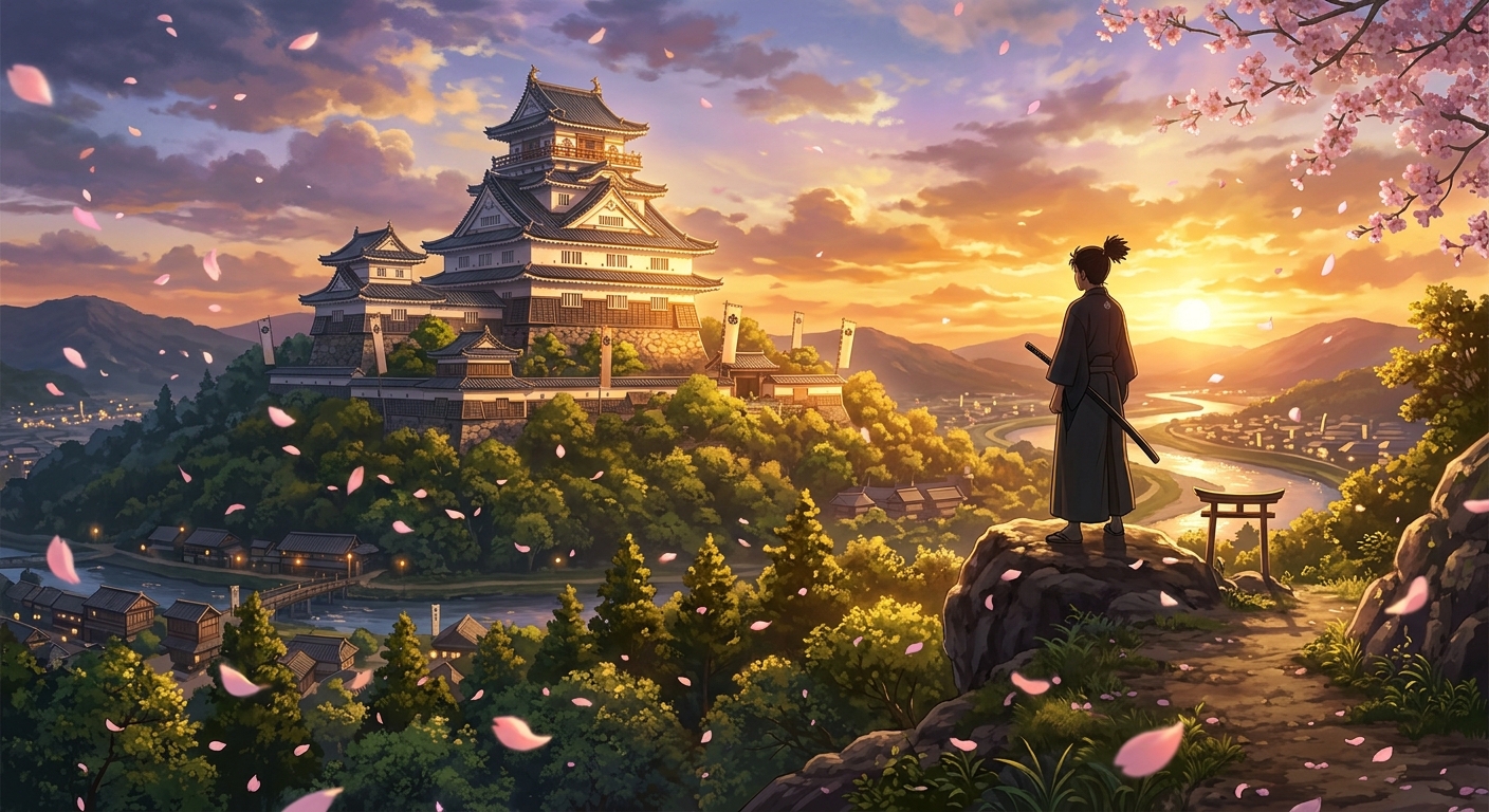 夕暮れ時に黄金の光が城郭を照らし、桜の花びらが舞う日本の風景。若き信長のシルエットが浮かぶ。
