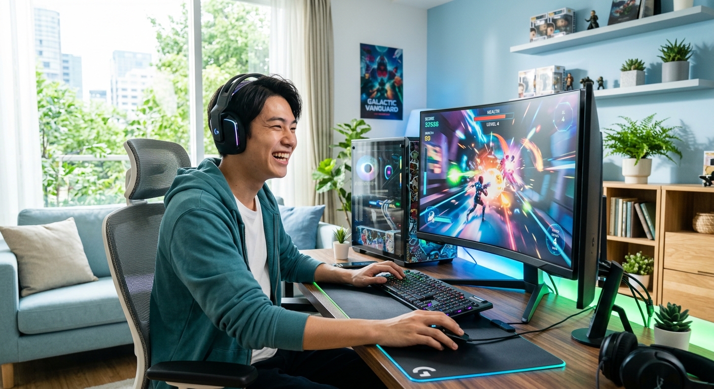 若者がPCでゲームを楽しむ明るい部屋、自然光が差し込む。
