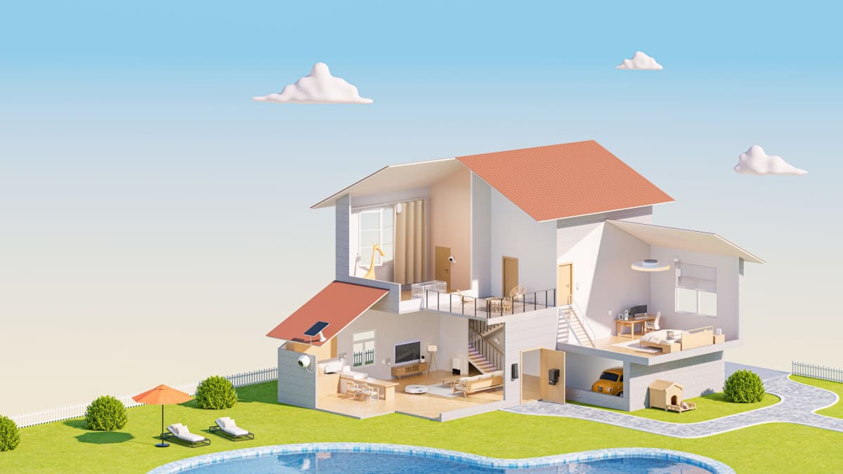 A persons hand uses a smartphone to manage smart home automation in a brightly lit, modern living room.
