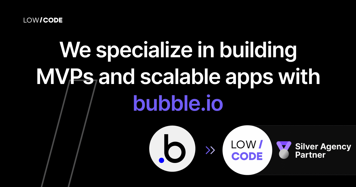 The blue Bubble.io logo is centered, connected to icons illustrating core benefits of custom app development for a startup.