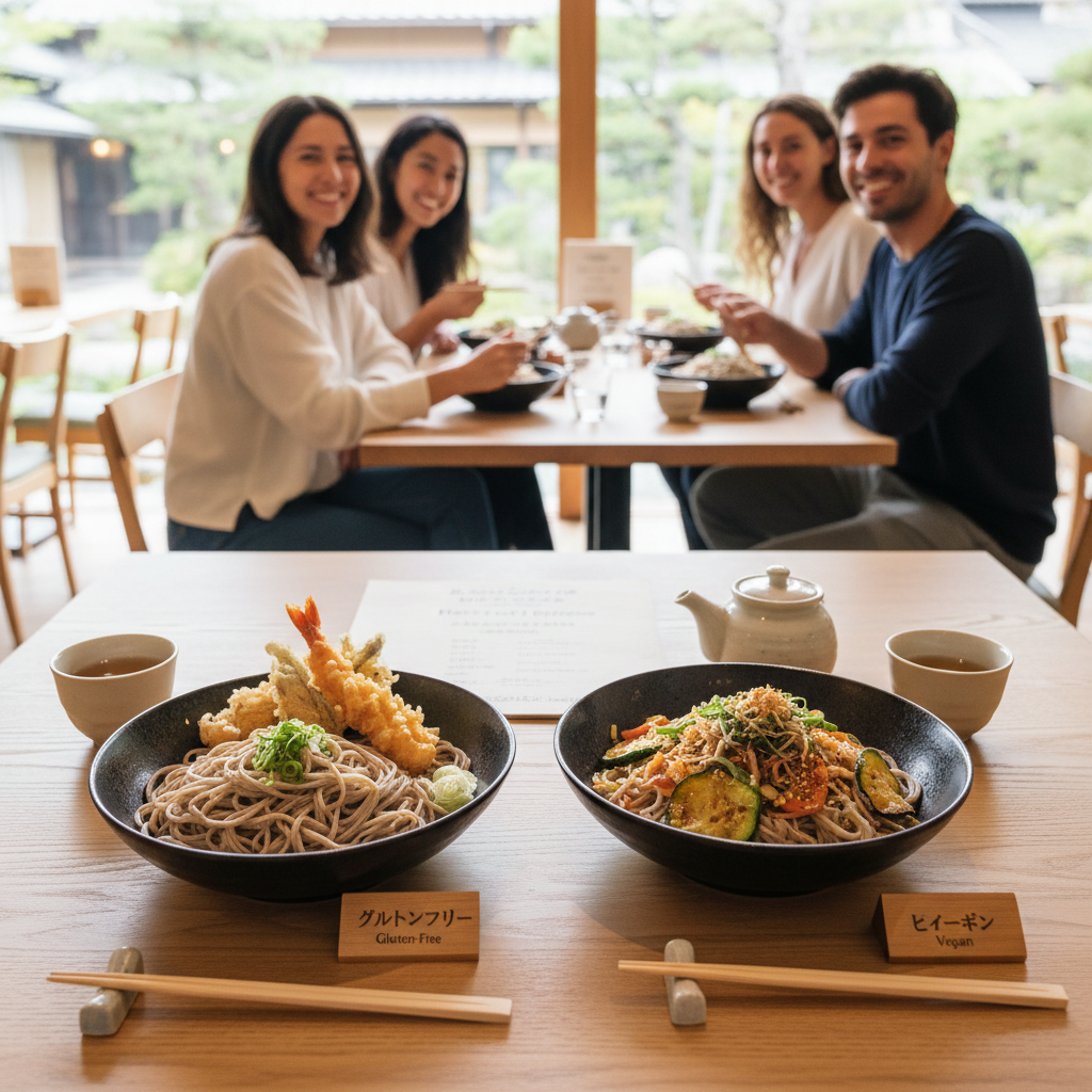 健康志向の外国人観光客向けに、グルテンフリーやヴィーガン対応のそば店はありますか?