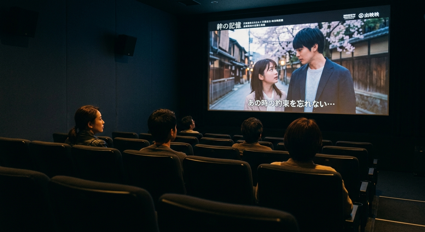 暗い映画館で邦画が上映され、数人の観客が集中して鑑賞している様子。