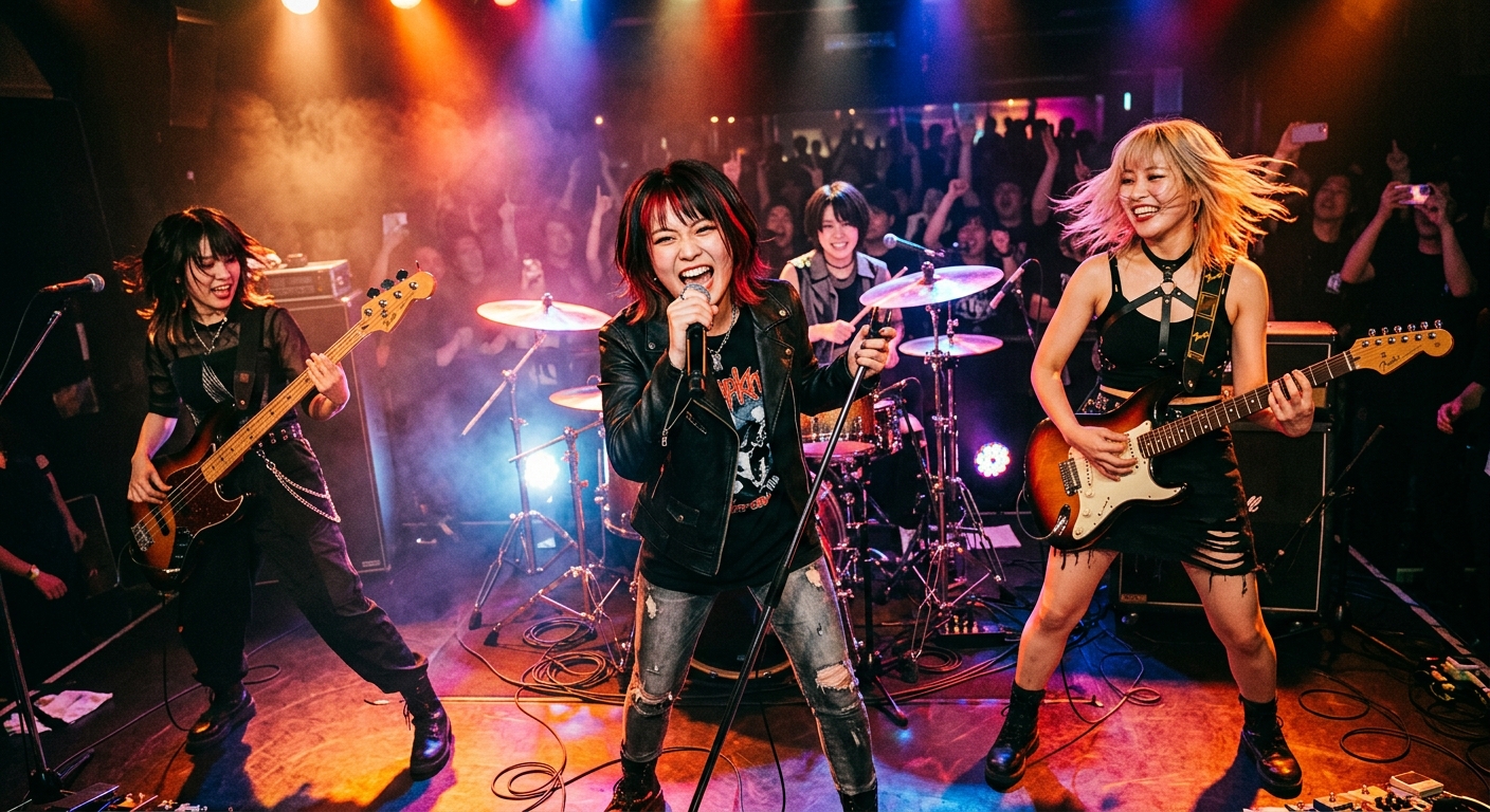 若い女性バンドがステージで演奏、スポットライトが照らし、情熱的な表情とカラフルな照明が際立つ。