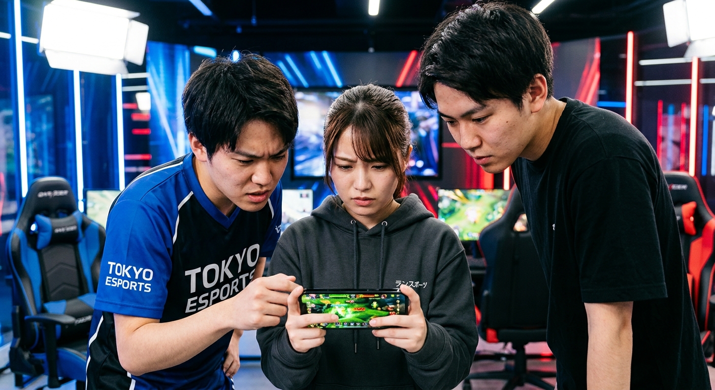 ゲーム画面を凝視する若者たち、モダンなゲーミングチェアとLEDライトが背景にあるスタジオシーン。