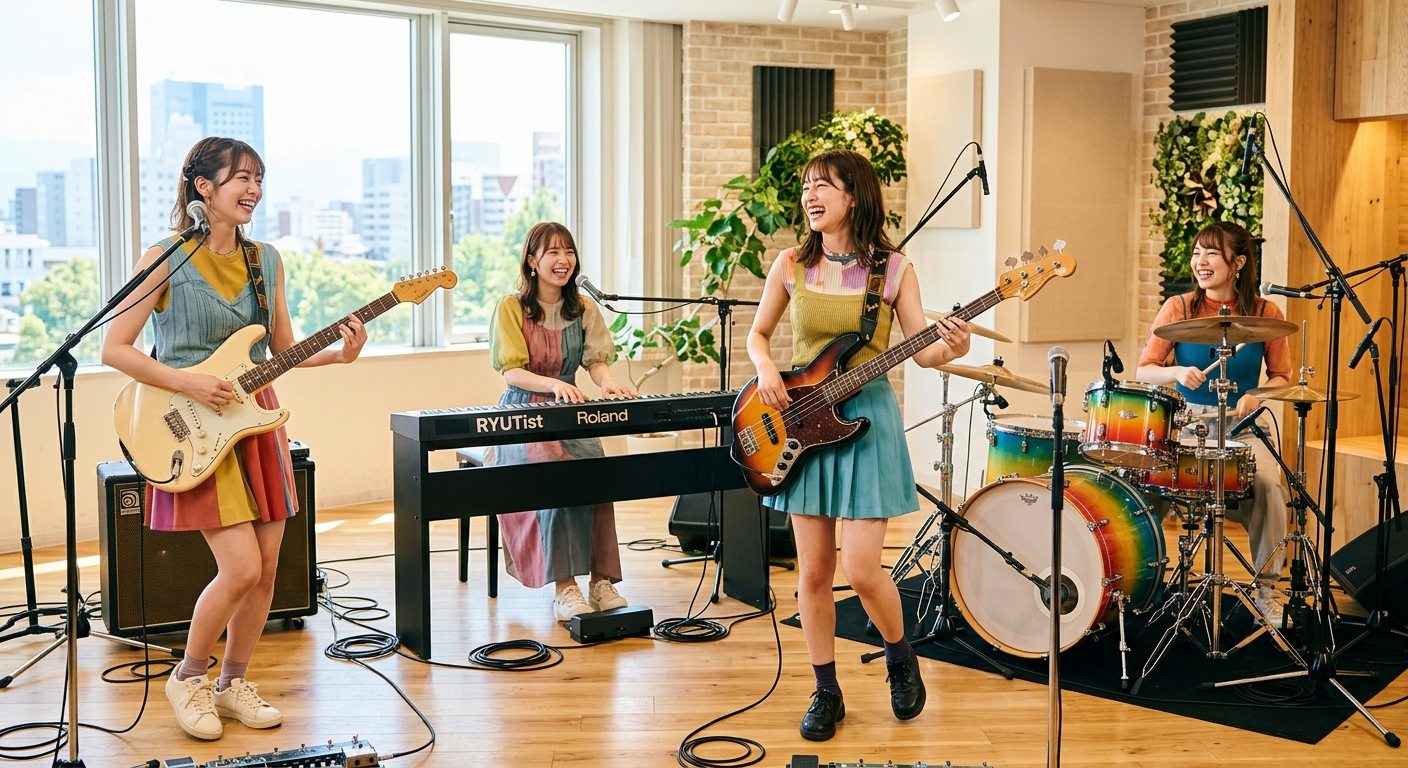 スタジオでRYUTistのメンバーが笑顔で演奏し、自然光が柔らかく照らす暖かい雰囲気の写真。